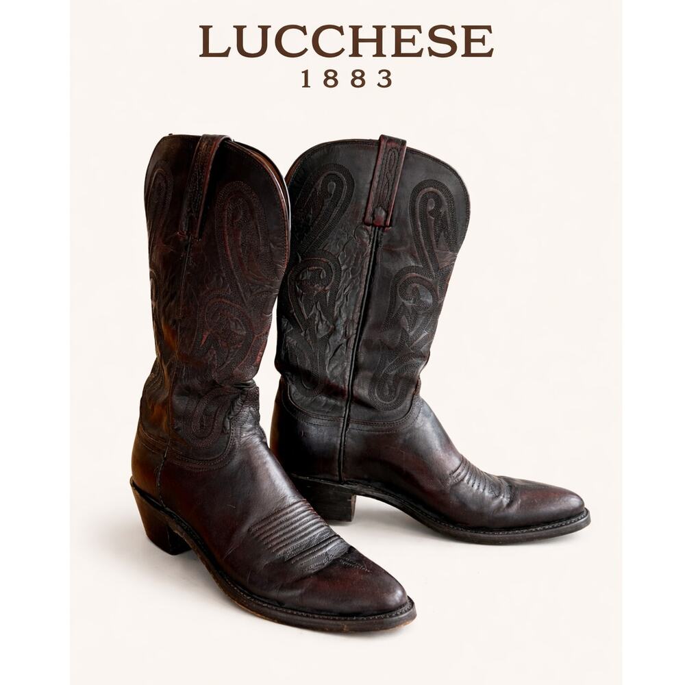 Lucchese 1883 Leather Cowboy Boots Wide Width Mens Western 8.5 Black‎ Cherry Red